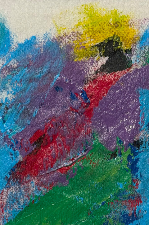 Abstract textured painting with layered brush and palette-knife strokes in blue, purple, yellow, black, red, and green.