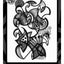 A black and white art print featuring abstract whimsical creatures with the text 'NOM NOM PIZZA' at the bottom, a black and gray design border, the DARIN JONES logo in the upper left, and website on the right.