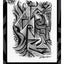 A black and white art print card titled 'THE LOST KEY' by artist Darin Jones, featuring a highly detailed abstract ink illustration of a face and key elements, a black and gray design border, the DARIN JONES logo in the upper left, and website on the right.