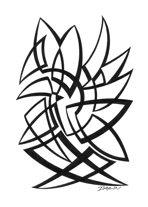 Black and white abstract pen‑and‑ink drawing with optical‑illusion, overlapping, triangular shapes.