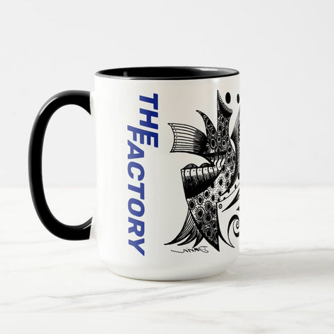 White ceramic coffee mug with a black handle and black interior, featuring a wrap‑around print of the artwork titled “The Factory.“