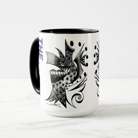 White ceramic coffee mug with a black handle and black interior, featuring a wrap‑around print of the artwork titled “The Factory.“