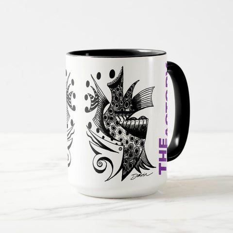 White ceramic coffee mug with a black handle and black interior, featuring a wrap‑around print of the artwork titled “The Factory.“