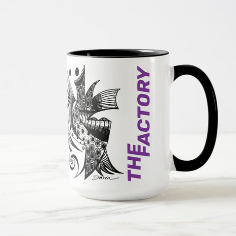 White ceramic coffee mug with a black handle and black interior, featuring a wrap‑around print of the artwork titled “The Factory.“