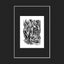 Black and white surreal pen‑and‑ink illustration with symbolic and geometric elements, featuring eye motifs and a hidden key; mounted and matted in black.