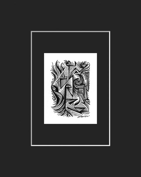 Black and white surreal pen‑and‑ink illustration with symbolic and geometric elements, featuring eye motifs and a hidden key; mounted and matted in black.
