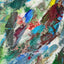 Abstract textured painting with layered brush and palette-knife strokes in blue, green, gray, brown, yellow, and red.