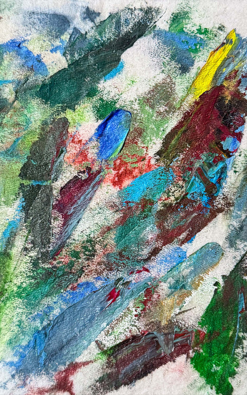 Abstract textured painting with layered brush and palette-knife strokes in blue, green, gray, brown, yellow, and red.