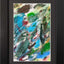 Abstract textured painting with layered brush and palette-knife strokes in blue, green, gray, brown, orange, and red; matted and framed in black.