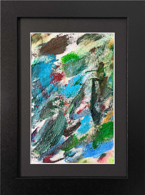 Abstract textured painting with layered brush and palette-knife strokes in blue, green, gray, brown, orange, and red; matted and framed in black.