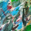 Abstract textured painting with layered brush and palette-knife strokes in blue, green, gray, brown, orange, and red.