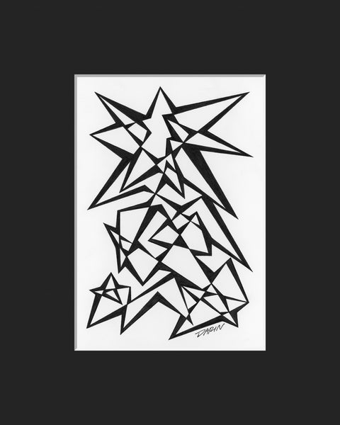 Black and white abstract pen‑and‑ink drawing with optical‑illusion shapes, featuring overlapping star polygons, matted in black.