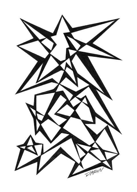 Black and white abstract pen‑and‑ink drawing with optical‑illusion shapes, featuring overlapping star polygons.