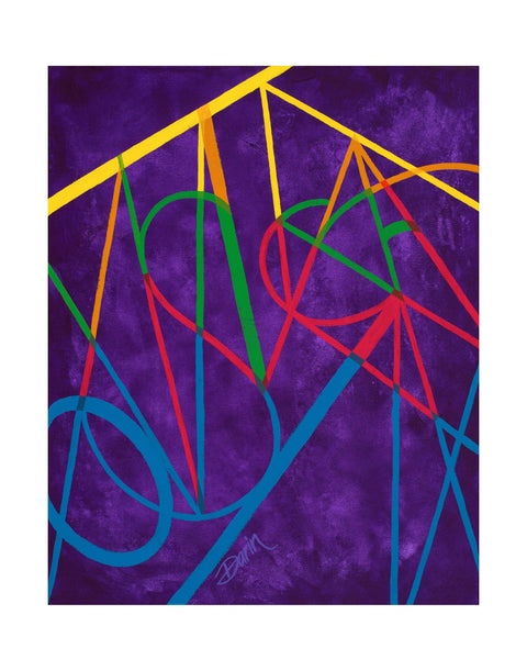 Abstract geometric painting featuring intersecting lines in yellow, green, red, and blue over a textured deep purple background, signed 'Darin' at the bottom center, with a white border.
