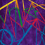 Abstract geometric painting featuring intersecting lines in yellow, green, red, and blue over a textured deep purple background, signed 'Darin' at the bottom center.