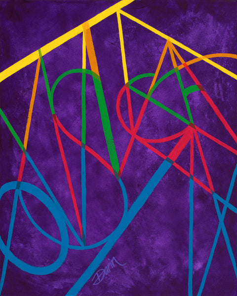 Abstract geometric painting featuring intersecting lines in yellow, green, red, and blue over a textured deep purple background, signed 'Darin' at the bottom center.