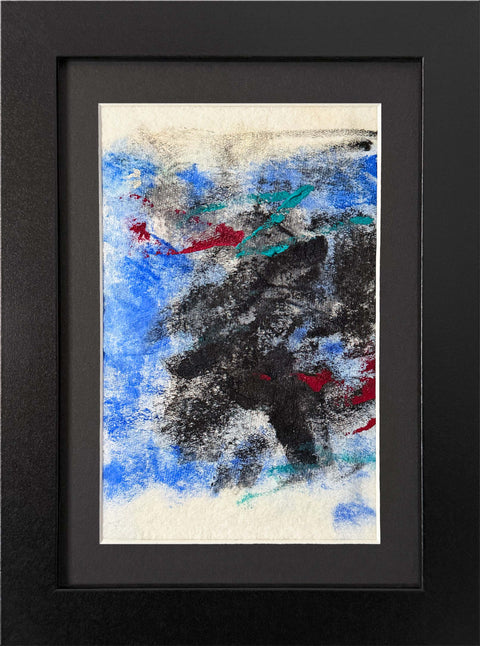 Abstract textured painting with layered brush and palette-knife strokes in black, blue, white, teal, and red on a textured off-white paper background; matted and framed in black.