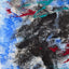 Abstract textured painting with layered brush and palette-knife strokes in black, blue, white, teal, and red on a textured off-white paper background.