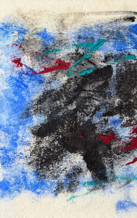 Abstract textured painting with layered brush and palette-knife strokes in black, blue, white, teal, and red on a textured off-white paper background.