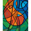Geometric design painting with overlapping black curved lines forming an abstract yin-yang symbol with shades of orange and blue shapes surrounded by greens, signed 'Darin' in the lower right, and a white border.
