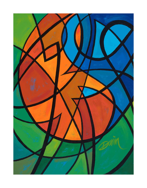 Geometric design painting with overlapping black curved lines forming an abstract yin-yang symbol with shades of orange and blue shapes surrounded by greens, signed 'Darin' in the lower right, and a white border.