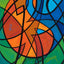 Geometric design painting with overlapping black curved lines forming an abstract yin-yang symbol with shades of orange and blue shapes surrounded by greens, signed 'Darin' in the lower right.