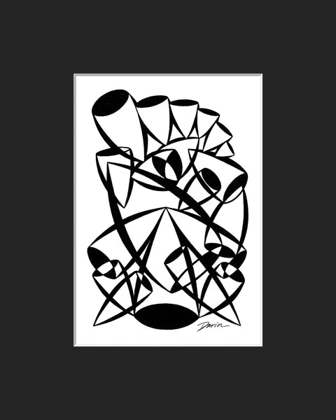 Black and white abstract pen‑and‑ink drawing with optical‑illusion shapes, featuring overlapping cylindrical and triangular forms, matted in black.
