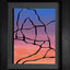 Abstract painting with a black outline of the Delicate Arch against a blue, purple, pink, and orange gradient background; signed, 'DARIN' in lower-right, mounted on a gray mat, framed in black.