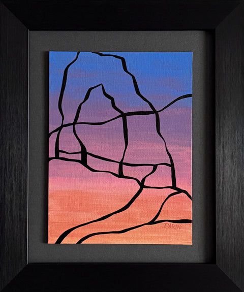 Abstract painting with a black outline of the Delicate Arch against a blue, purple, pink, and orange gradient background; signed, 'DARIN' in lower-right, mounted on a gray mat, framed in black.