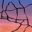 Abstract painting with a black outline of the Delicate Arch against a blue, purple, pink, and orange gradient background; signed, 'DARIN' in lower-right.