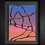 Abstract painting with a black outline of the Delicate Arch against a blue, purple, pink, and orange gradient background; signed, 'DARIN' in lower-right, mounted on a gray mat, framed in black.