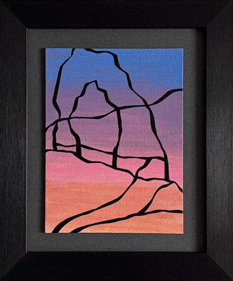 Abstract painting with a black outline of the Delicate Arch against a blue, purple, pink, and orange gradient background; signed, 'DARIN' in lower-right, mounted on a gray mat, framed in black.