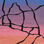 Abstract painting with a black outline of the Delicate Arch against a blue, purple, pink, and orange gradient background; signed, 'DARIN' in lower-right.