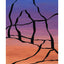 Abstract painting with a black outline of the Delicate Arch against a blue, purple, pink, and orange gradient background; signed, 'DARIN' in lower-right, with white border.