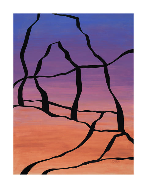 Abstract painting with a black outline of the Delicate Arch against a blue, purple, pink, and orange gradient background; signed, 'DARIN' in lower-right, with white border.