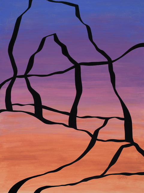 Abstract painting with a black outline of the Delicate Arch against a blue, purple, pink, and orange gradient background; signed, 'DARIN' in lower-right.