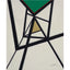 An abstract geometric painting featuring intersecting, straight, charcoal lines on a cream background, with a green triangle lined with red, at the top pointing downward, and a metallic gold triangle pointing upward, signed 'Darin,' with a white border.