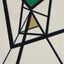 An abstract geometric painting featuring intersecting, straight, charcoal lines on a cream background, with a green triangle, lined with red, at the top—pointing downward, and a metallic gold triangle pointing upward, signed 'Darin,' in lower-right.