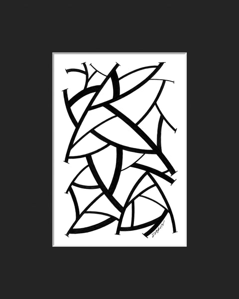 Black and white abstract pen‑and‑ink drawing with optical‑illusion shapes, matted in black.