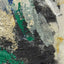 Abstract textured painting with layered brush and palette knife strokes in black, gray, off-white, metallic gold, and green.