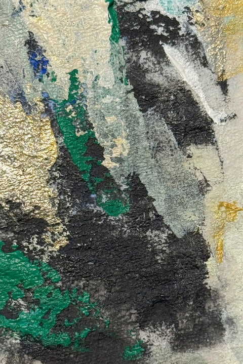 Abstract textured painting with layered brush and palette knife strokes in black, gray, off-white, metallic gold, and green.