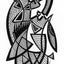 Black and white abstract pen‑and‑ink drawing with optical‑illusion shapes, featuring an abstract face with interlocking cross-hatched line patterns.