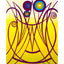 An abstract art print featuring a yellow background with dark purple curved lines and circular motifs in blue, purple, yellow, orange, and red, presented with a white border.