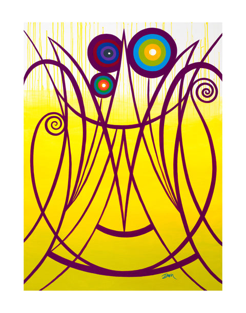 An abstract art print featuring a yellow background with dark purple curved lines and circular motifs in blue, purple, yellow, orange, and red, presented with a white border.