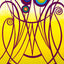 Abstract art print featuring a bright yellow background with bold purple curved lines forming a stylized face, accented by colorful concentric circles near the top.