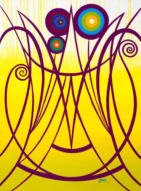 Abstract art print featuring a bright yellow background with bold purple curved lines forming a stylized face, accented by colorful concentric circles near the top.