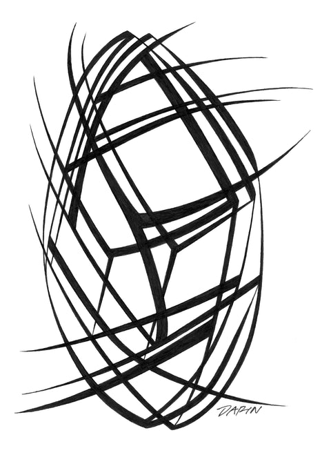 Black and white abstract pen‑and‑ink drawing with tapered lines and optical‑illusion shapes.