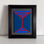 An abstract geometric painting featuring a minimalist red line design of a martini-like glass on a two-toned blue background; signed 'DARIN' in lower right; mounted on a gray mat and framed in black, atop a white shelf, against a white textured wall.