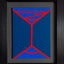 An abstract geometric painting featuring a minimalist red line design of a martini-like glass on a two-toned blue background; signed 'DARIN' in lower right; mounted on a gray mat and framed in black.