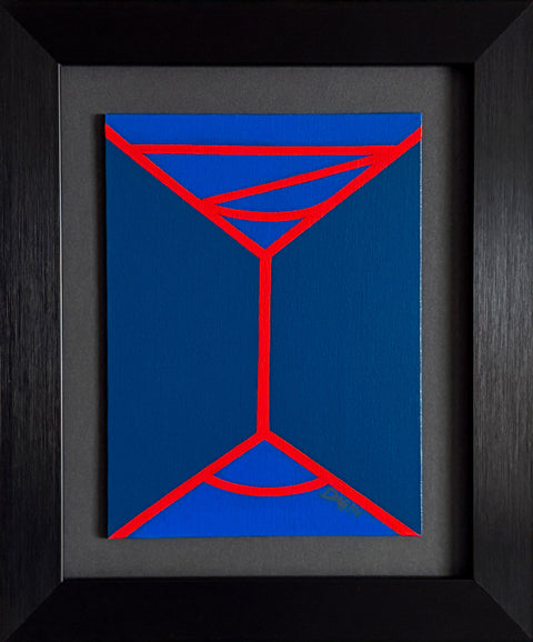 An abstract geometric painting featuring a minimalist red line design of a martini-like glass on a two-toned blue background; signed 'DARIN' in lower right; mounted on a gray mat and framed in black.